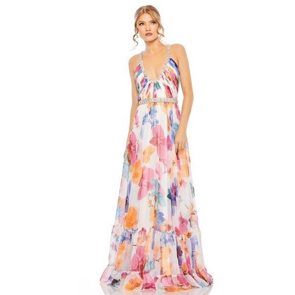 Mac Duggal Dresses & Skirts - NWT | Mac Duggal / Plunge Neck Floral A Line Gown / Flirty Floral Formal Dress